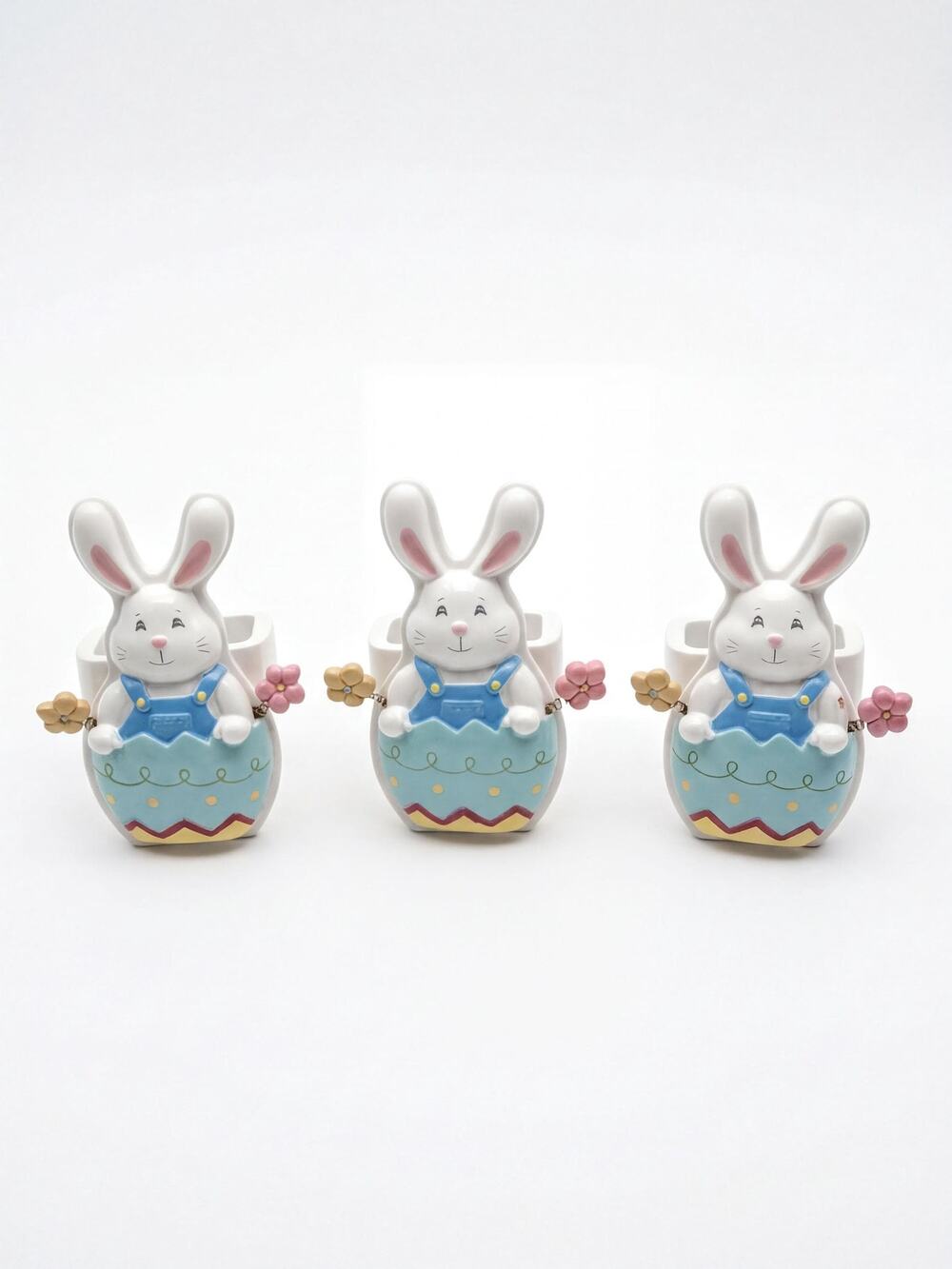 Vintage Ceramic Easter Bunny Napkin Rings Set, Blue Overalls Egg Holder